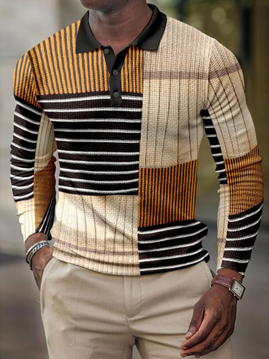 New Long Sleeve 3D Stripe Lapel Comfortable Casual Men's Fashion Polo Shirt